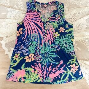 Lilly Pulitzer Blouse with Navy Pink & Green Tropical Floral Print